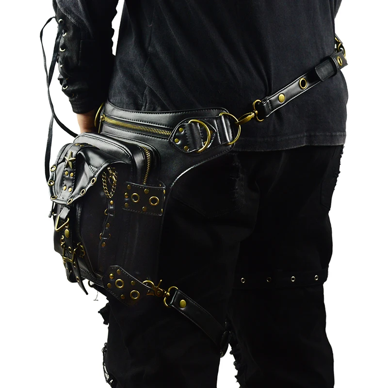 Steampunk Multi-function Men Shoulder Crossbody Bags Male Leather Bag Casual Messenger Bag Gothic Black Travel Waist Pack