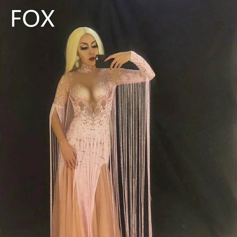 

Pink See Through Tassel Long Dress Crystals Women Sexy Costume Nightclub Party Singer Dancer Stage Wear Evening Celebrate Outfit