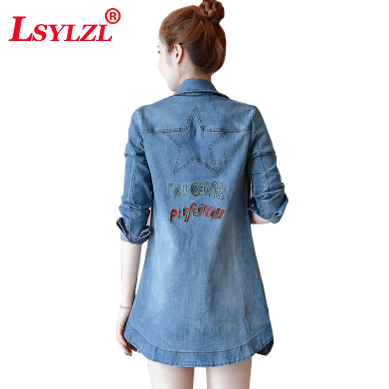 

2018 Women Jacket Fashion Autumn Embroidery Plus Size Female Loose Denim Slim Long Jeans Cowboy Coat Female Printing Letter B505