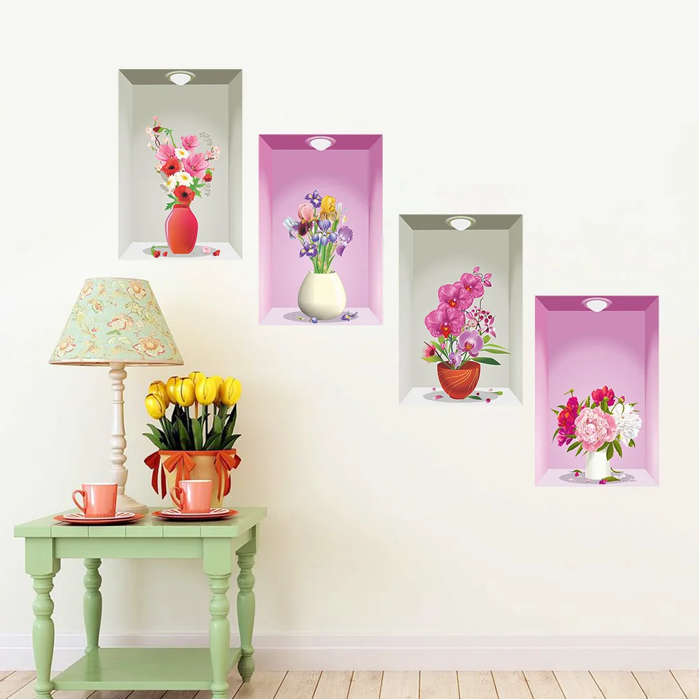 

Newest 3d Wall Hole Window View 4 Flower Flora Pot Light Wall Stickers Scenery Home Decor Sofa TV Background for Kids Girls Room