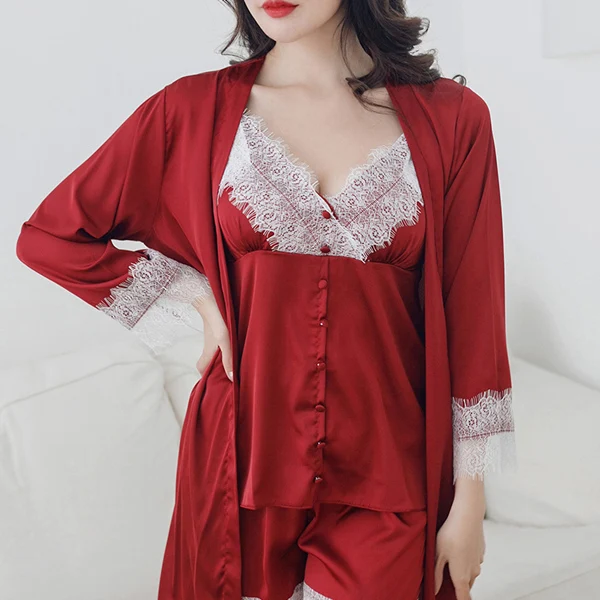 Красный Silka Surplus пижамы женские 3 шт шелковые халаты сексуальные кружевные пижамы Lounge Пижама шелк с нагрудными накладками Спагетти ремень Кружева шелк - Цвет: Красный