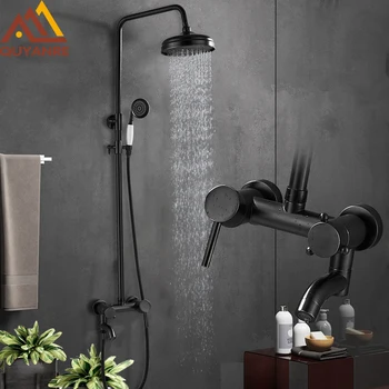 

Quyanre Bronze Black Shower Faucet Bathtub Shower System Rainfall Shower 3-way Hot Cold Single Handle Mixer Tap Swivel Tub Spout