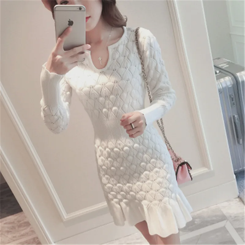 

Women Winter Dresses 2016 Long Sleeve Fashion Europe Slim Hem Ruffles Womens Dresses Casual Knitted Dress Winter Women S20311