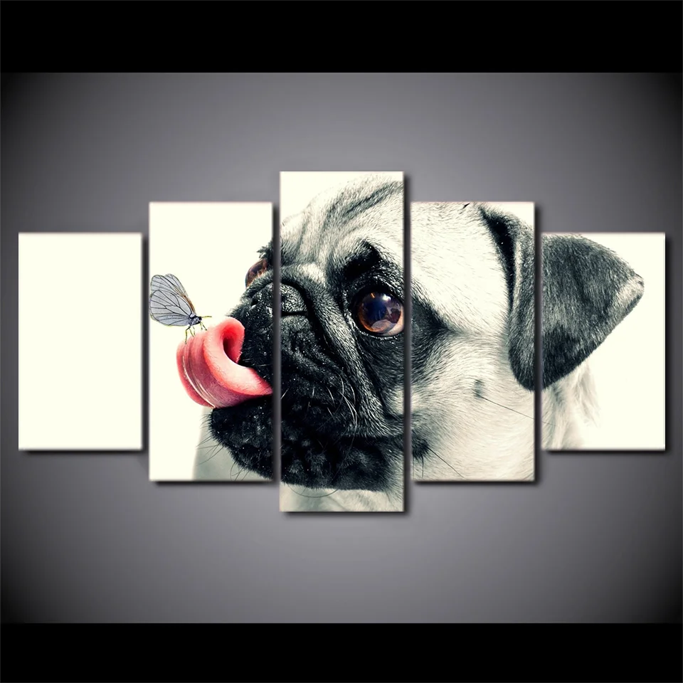 Wall Art Canvas Painting Frame HD Print Modern Pugs Poster Living Room Home Decor 5 Pieces Cute Pet Dog Modular Pictures | Дом и сад