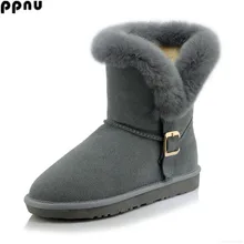 ppnu womens winter nubuck cow genuine leather mid calf snow boots women fashion buckle woman boots ladies round toe shoes flats