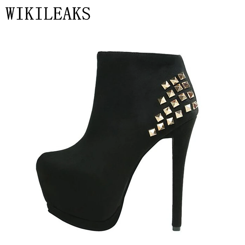 High Quality Rivets Flock High Heels Shoes Woman Short Ankle Boots Platform Shoes Italian Euros Designer