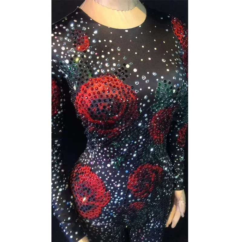 

new Sexy full Rhinestones Mesh Jumpsuit Long Sleeve Stretch rose Singer Costume Women's Dance Birthday Outfit woman freeshipping