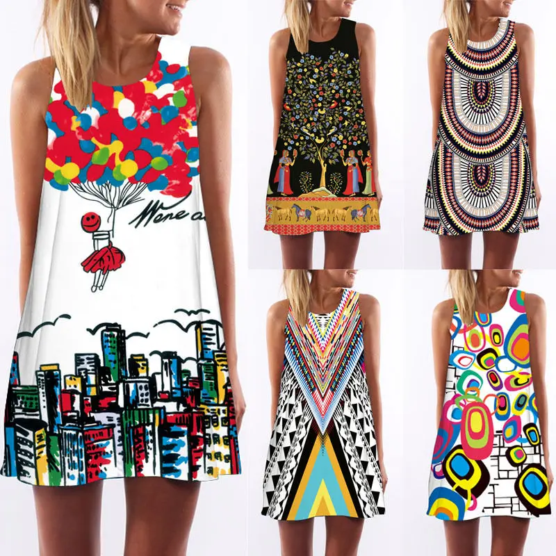 

2018 Newly Women Ladies Summer Dress 5 Style Sleeveless O-Neck Straight Pattern Print Mini Dress Sundress Size S-XL