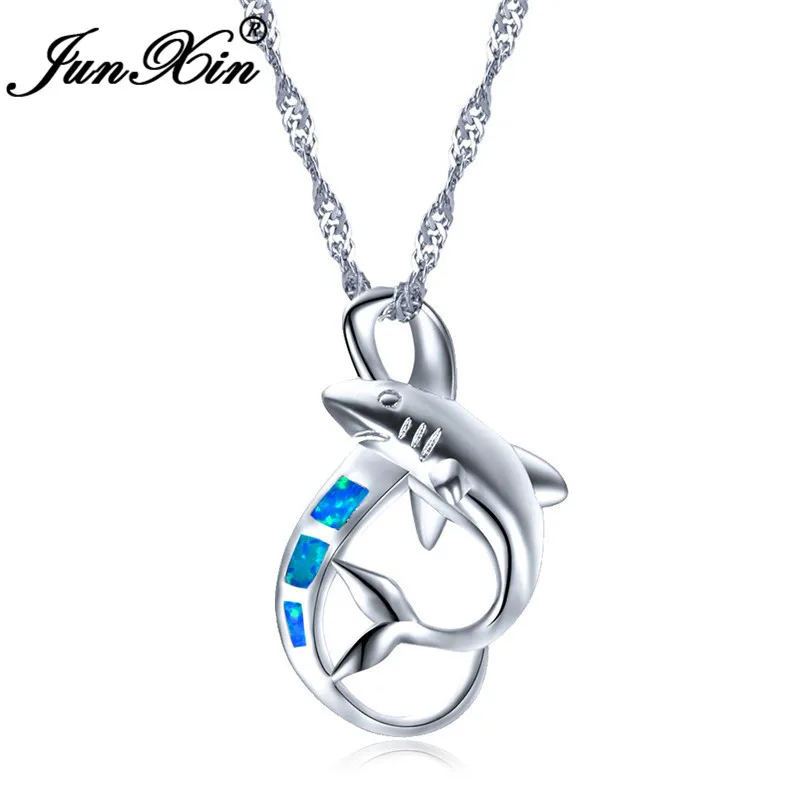 JUNXIN Белый/Синий огненный опал подвеска в виде акулы ожерелье s для женщин 925 пробы серебро заполненное животное ювелирные изделия модное ожерелье NL0180 - Окраска металла: Blue