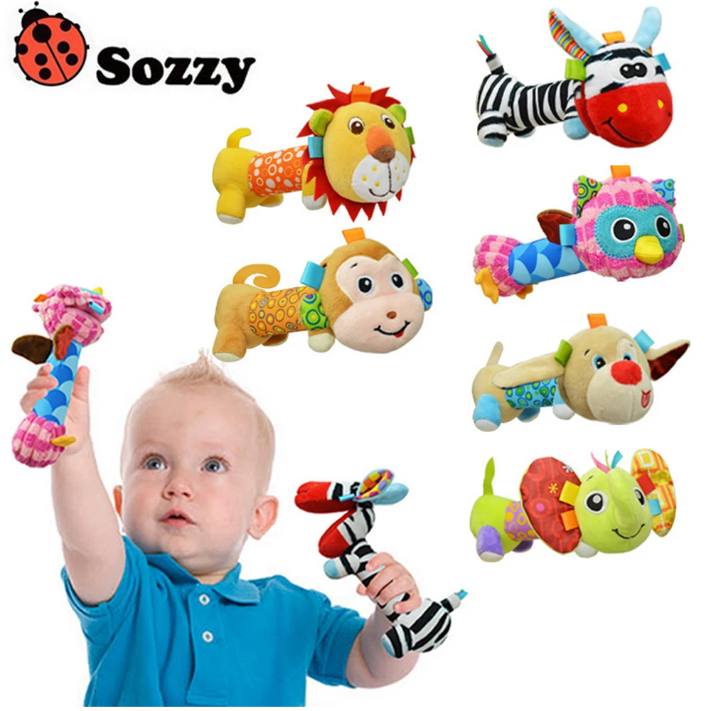 Sozzy Mirror Plush Handbells Toys Baby Rattles Cartoon Animal BB Toy