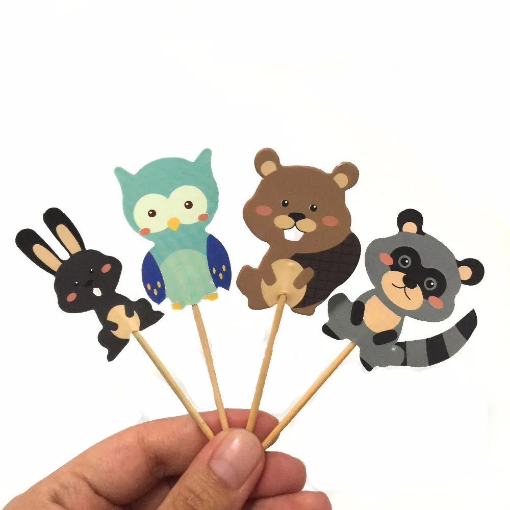 

24pcs Cartoon Animal Cake Toppers Bear owl rabbit cupcake picks flags Kid's birthday party decorations favors children gifts