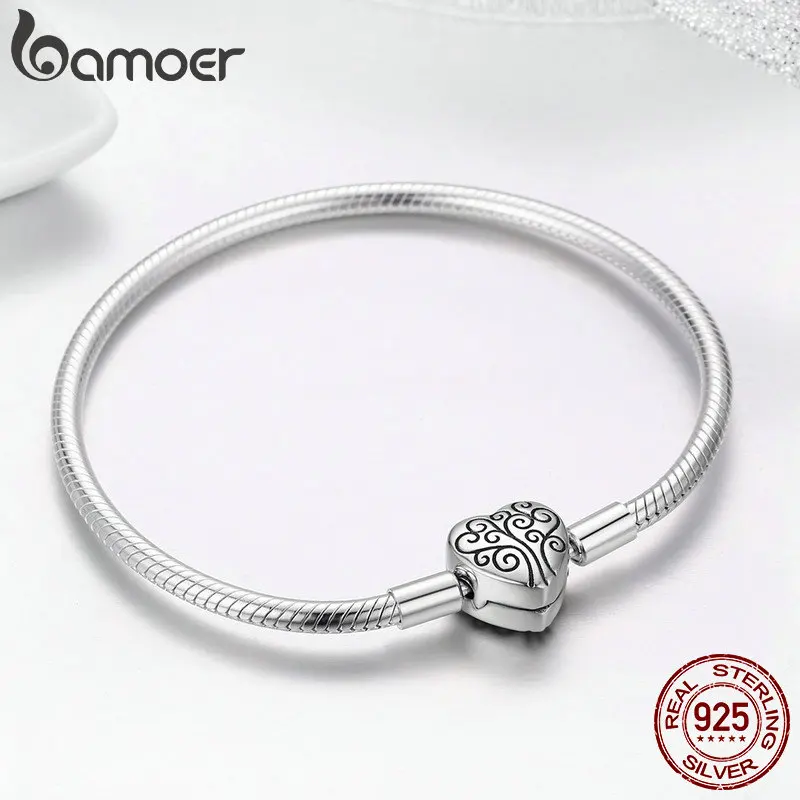 Price BAMOER 100% 925 Sterling Silver Spring Tree of Life Heart Shape Clasp Snake Chain Bracelet Sterling Silver Jewelry S925 SCB066