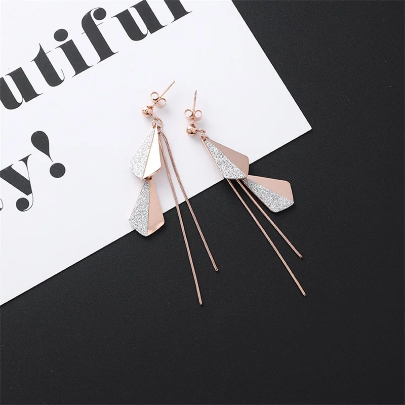 New Listing Geometric Titanium Steel long Tassel Girl Earrings gold Stainless Steel Triangle leaf Girl Black Jewelry Earrings 1 - Окраска металла: style-10