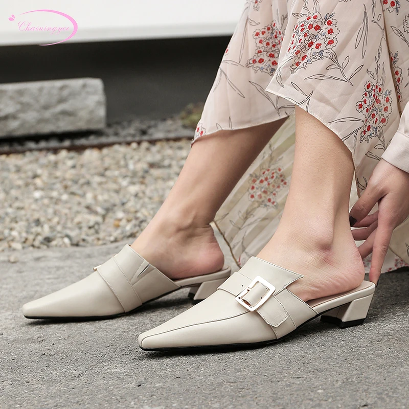 

Korea college style square toe real leather cowhide summer sandals fashion belt buckle beige black low heel thick women's shoes