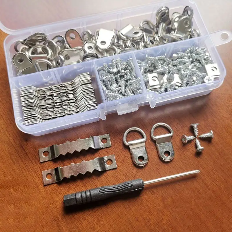 

1 Set D Ring Picture Photo Oil Painting Frame Sawtooth Hanger Hook Screws With Screwdriver Kits Mounted Accessories Tool