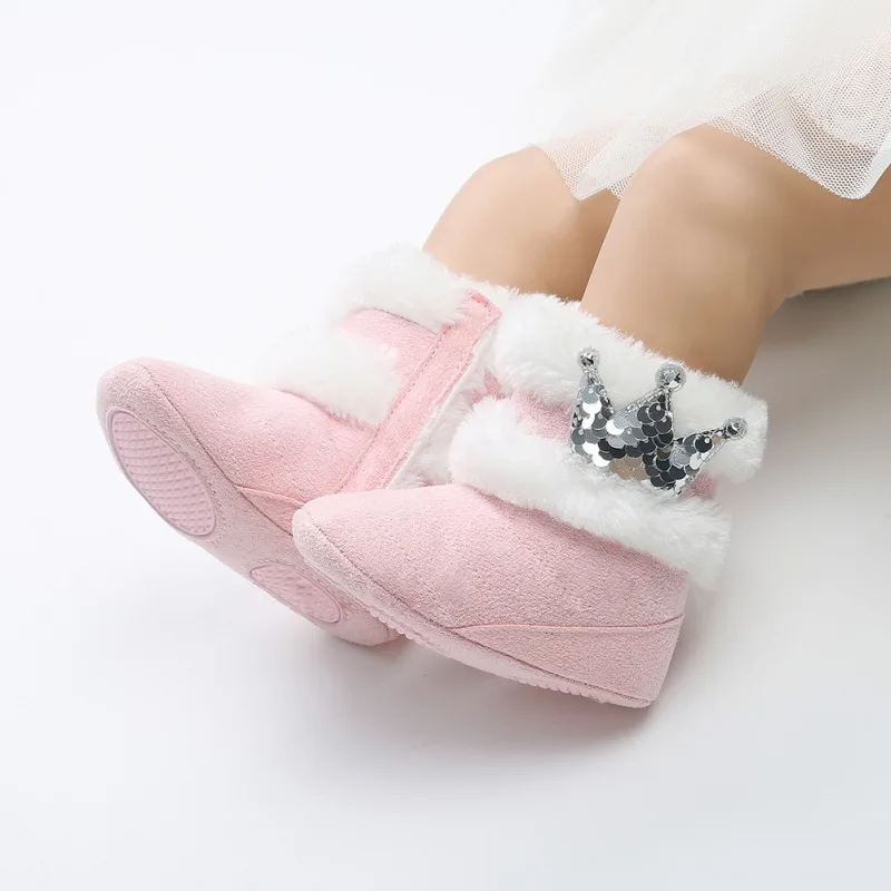 Newborn Baby Shoes Winter Warm Baby Boots Crown Fur Slip-On Furry Infant Warm Prewalkers Soft Sole Shoes For Girls 0-18M