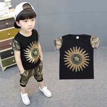 Летние комплекты для маленьких мальчиков, спортивный костюм с короткими рукавами с блестками в цветочек для мальчиков, футболки+ шорты, детская одежда, костюм для детей, одежда для детей