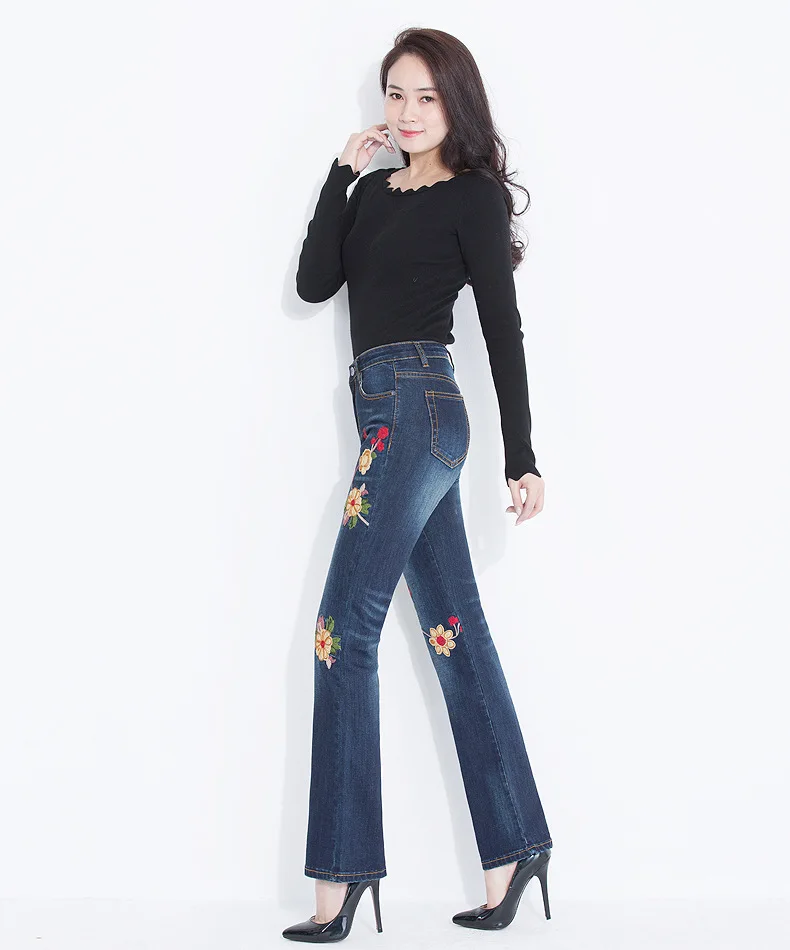 FERZIGE бренд брюки вышивка цветок Высокая талия джинсы для женщин для уличная одежда большого размера эластичные узкие синие мотобрюки леди