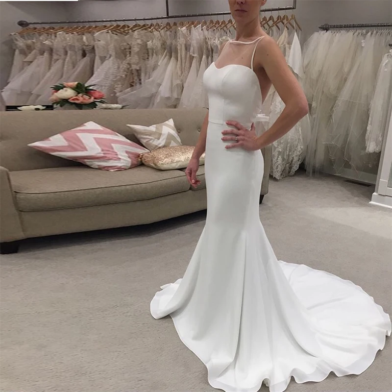 

Simple Mermaid Wedding Dresses Scoop Neck Sleeveless Bridal Gowns Chapel Train Wedding Dress Backless White Ivory Bridal Gowns