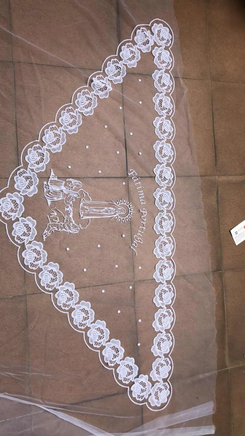 

Fatima Portugal White and Black Flocking Lace Catholic Veil Mantilla Infinity Scarf Veil