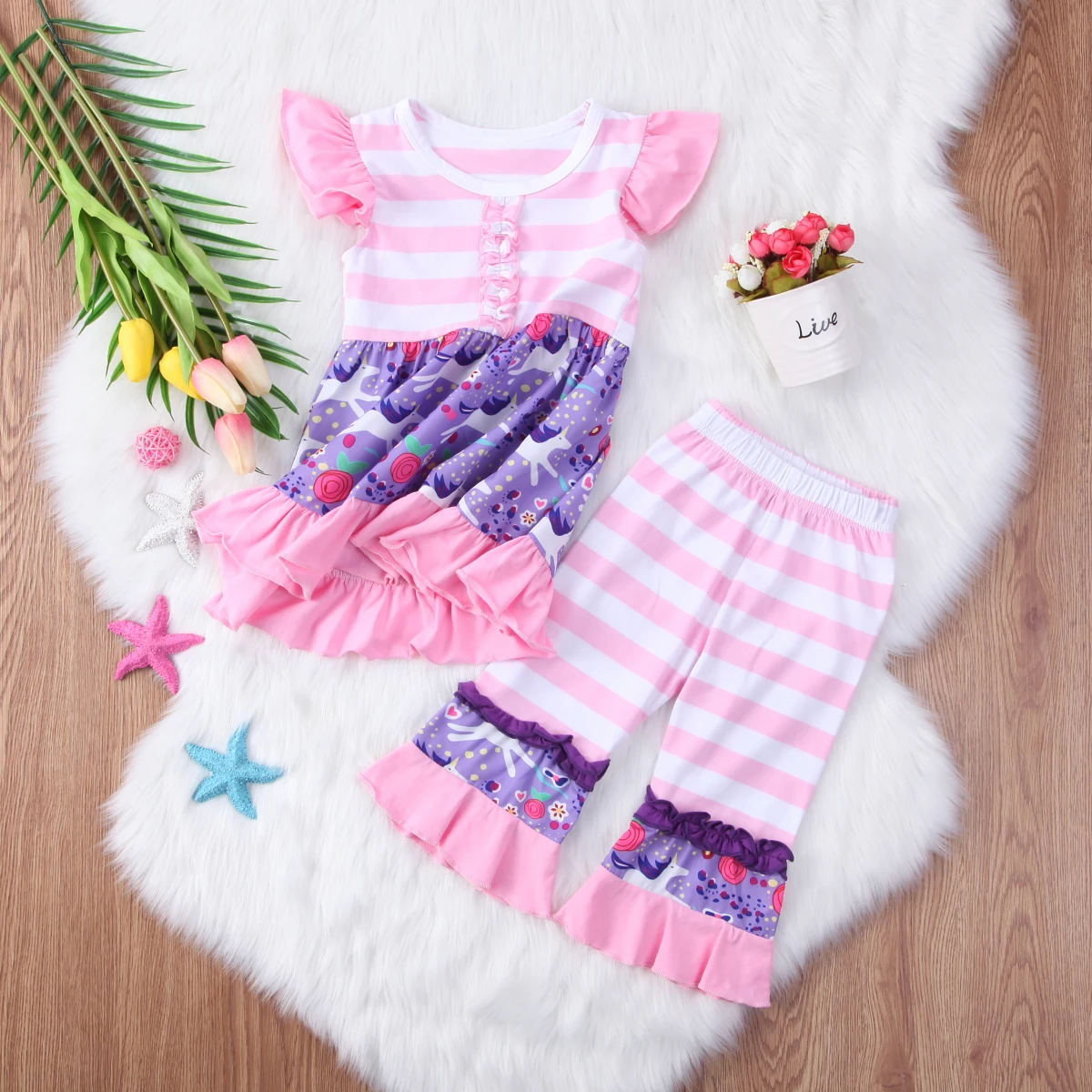 2 шт./комплект топы без рукавов с оборками и колокольчиком|cartoon set|kids baby girlkids |