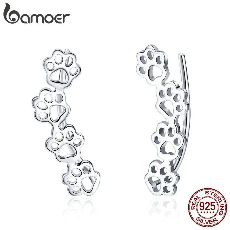 BAMOER Hot Sale 925 Sterling Silver Paw Trail Cat And Dog Footprints Stud Earrings for Women Sterling Silver Jewelry SCE430