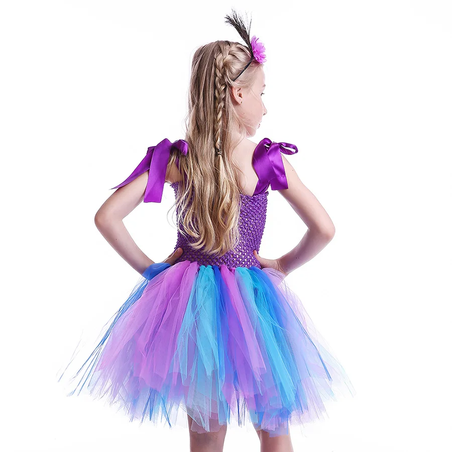 Kids Peacock Feather Halloween Purim Tutu Dress with Hair Hoop Flowers (13)