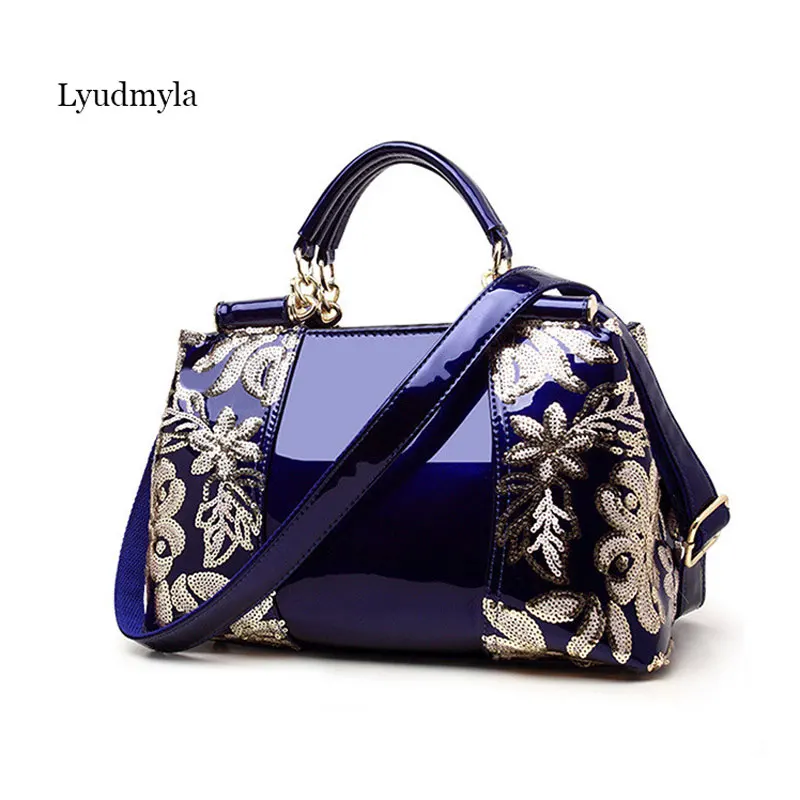 

Celebrity Blue Patent Leather Handbag Women Shoulder Bags 2018 New Fashion Europe And America Sequined Luxury Messenger Bags