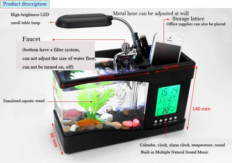 Светодиодный мини-аквариум USB многофункциональный настольный аквариум креативный маленький аквариум ЖК-дисплей экран и часы