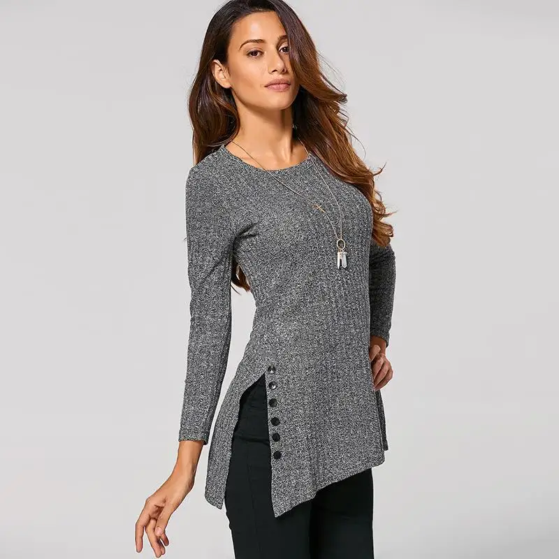 

New Arrival Sweater For Women Winter O-Neck Long Sleeve Side Button Irregular Hem Solid Long Sweaters WS469C