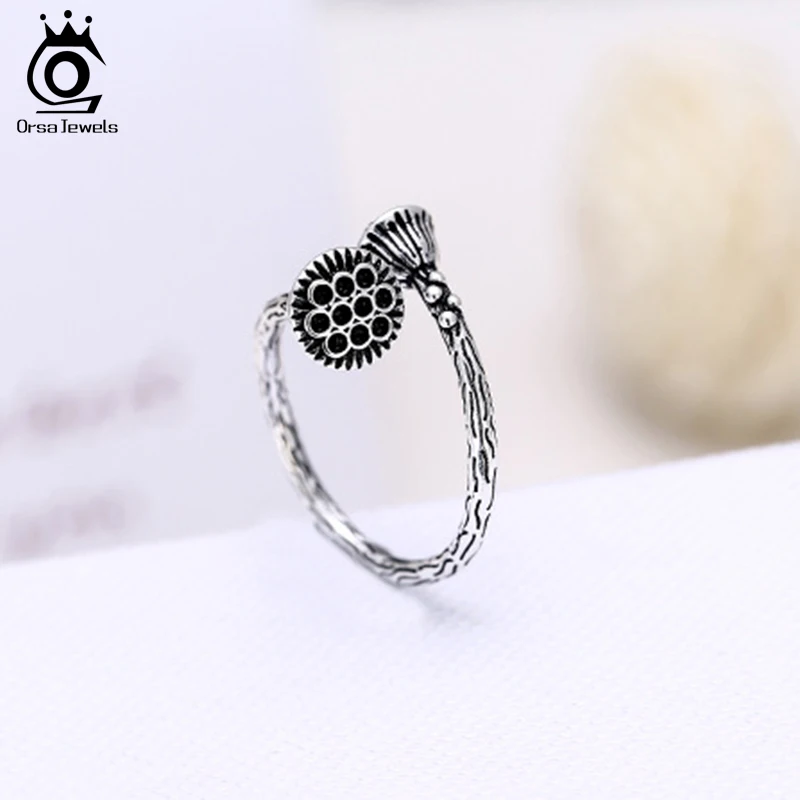 ORSA JEWELS Genuine 925 Sterling Silver Rings For Women Charm Lotus Flower Open Ring Adjustable Creative Anniversary Gift PSR49