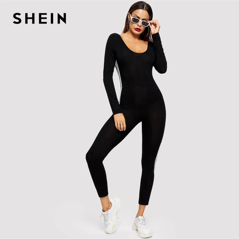 

SHEIN Black Striped Side Seam Backless Unitard Skinny Jumpsuit 2019 Women Maxi Round Neck Long Sleeve Going Out Jumpsuit