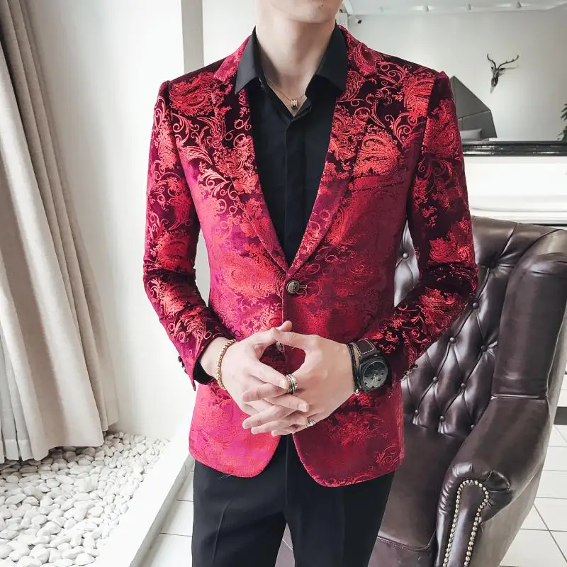 

MIXCUBIC 2019 spring Europen style unique pattern Bronzing suit men casual Slim red Bronzing flower printed suit for men M-5XL