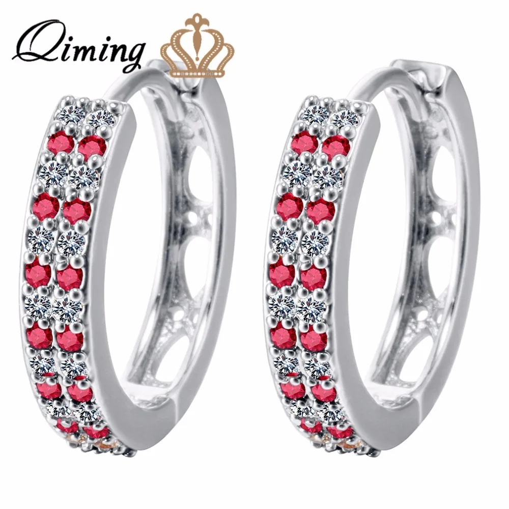 

QIMING New Arrival Women Earring Fantastic Shining Red Cubic Zirconia Hoop Earrings for Girls Wedding Accessories Gift Jewelry