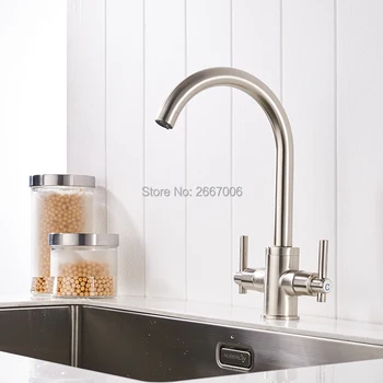 

Free Shipping Nickle Brushed Faucet Swivel Spout Dual Handles Control Bathroom Kitchen Vanity Sink Mixer Tap Deck Mount GI2085