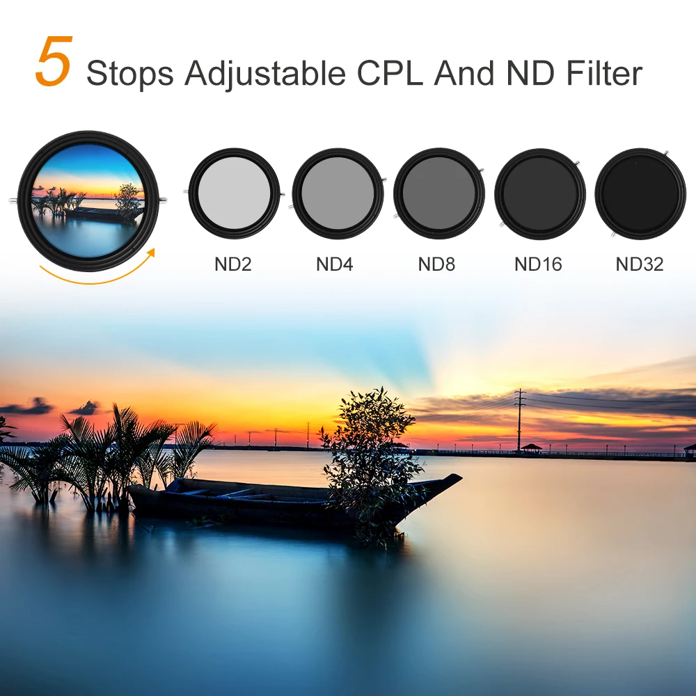 55mm ND2-32 Variable ND & CPL Filter (1-5 Stop) 2 in 1 for Camera Lens, No  X Spot Weather Sealed