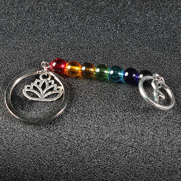 

6mm Beads Fashion Multicolor Yoga Healing Natural Stone 7 Chakra Pray Keychain Car Key Chain Ring lotus Pendant bag key chain