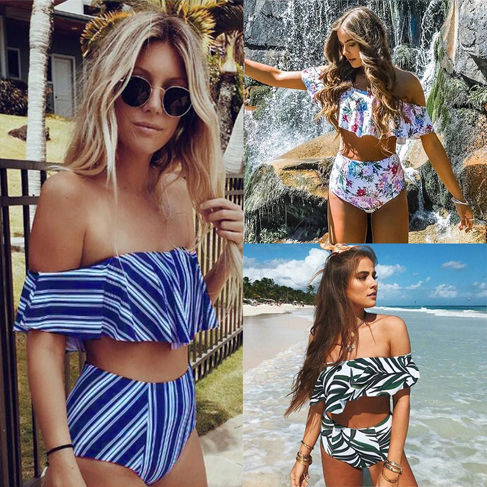 

2019 Sexy bikini Set High Waist Swimwear Women Striped Biquini Ruffled Swim Bathing Suit White Blue Swimsuit Vintage Bikinis