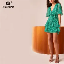 ROHOPO Butterfly Sleeve Polk Dot Chiffon Chic Dress Cascading Ruffles Drawing Belt Female Green Tiny Vestido Above Knee #UK9145