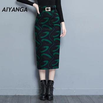 

M-4XL New Medium Long Woolen Skirts For Women Autumn Winter Pack Hip High Waist Skirt Split Hem Fashion Print Plus Size Skirts