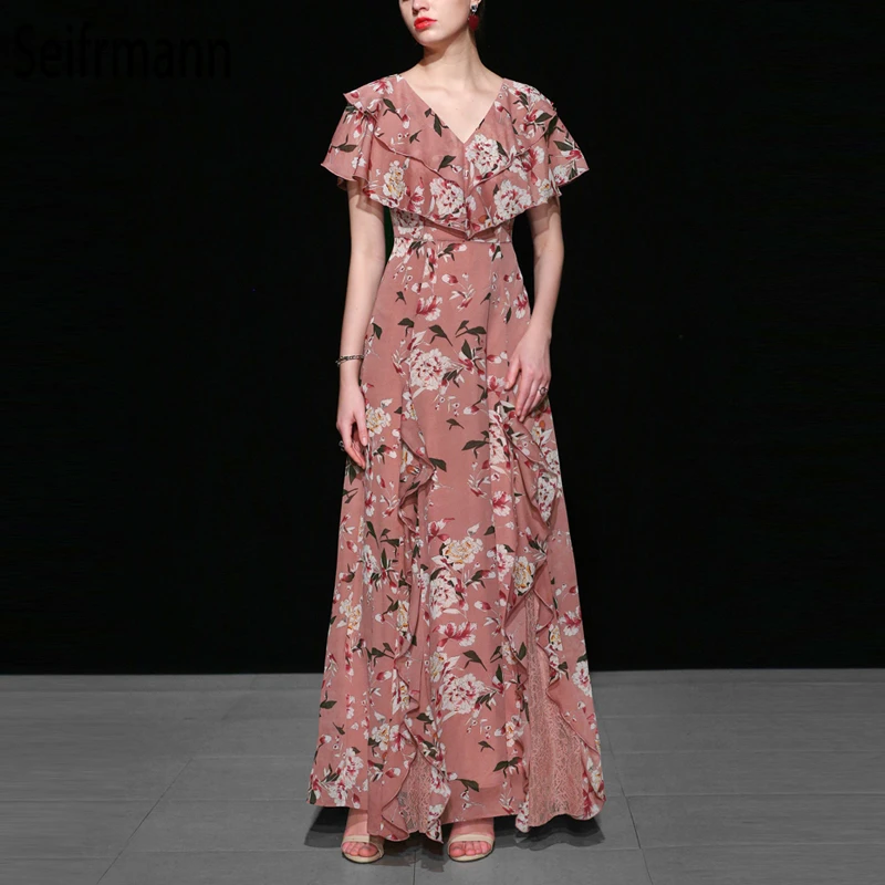 

Seifrmann Women Spring Summer Dress Runway Fashion Designer Sexy V-Neck Ruffles Floral Print Elegant Vintage Party Long Dresses
