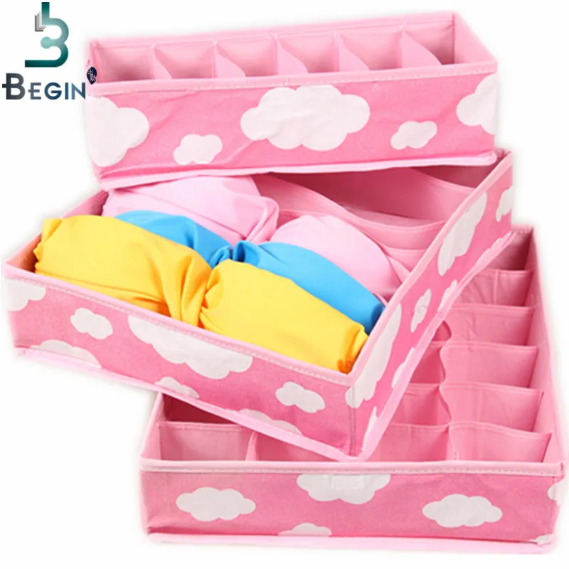 2016 Free Shipping Pink Various Grid Pattern Fashion Convenient Folding Storage Box Bag for Bra Underwear Necktie Sock Organizer