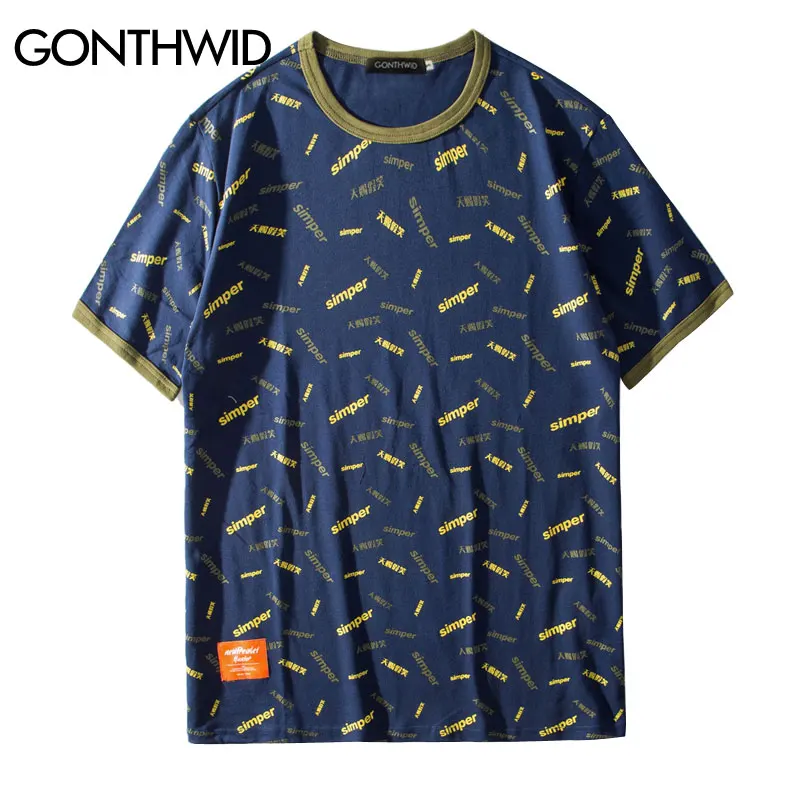 

GONTHWID Simper Chinese Characters Printed T Shirts Men Harajuku Casual Streetwear Tops Tees 2019 Male Fashion Hip Hop Tshirts