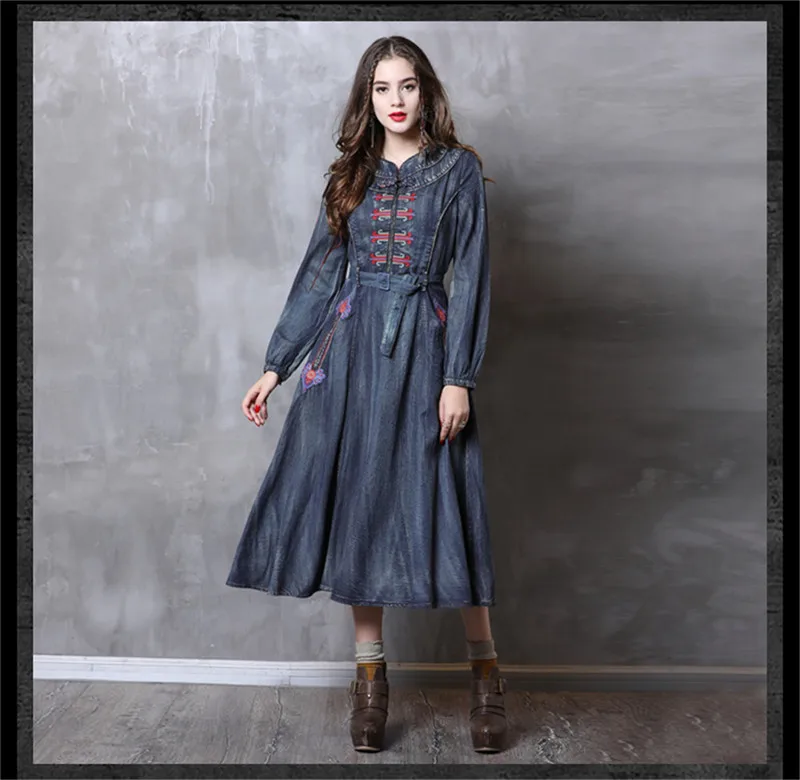 Vintage Autumn Dress Women 2018 Brand Denim Vestidos Stand Collar Long Sleeve Embroidery Belted Slim Wasit Women Dresses 82115 (11)