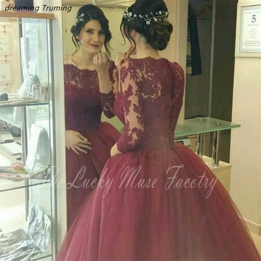 Borgoña rojo vino barato Quinceañera vestidos de manga larga Apliques de encaje de tul piso dulce 16 vestidos de cumpleaños vestido de debutante| Vestidos de quinceañera| AliExpress