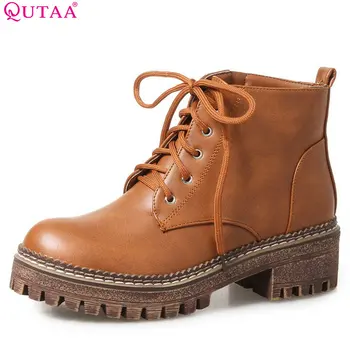 

QUTAA 2018 Women Fashion Lace Up Ankle Boots Spring and Autumn Grey Square Heel Round Toe Ladies Motorcycle Boots Size 34-43