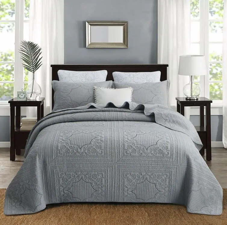 

100% Cotton Queen King Size Bedding Set 3pc Solid Reversible Bedspread Coverlet Flower Quilted Set With Pillow Shams