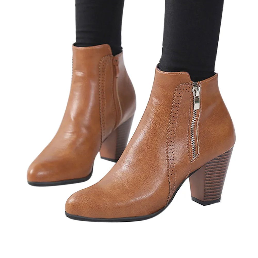 

Szyadeou Women Vintage Chunky Round Toe High Heels Thick Heel Short Boot Ankle Booties zipper Shoes schoenen vrouw zapatos 30