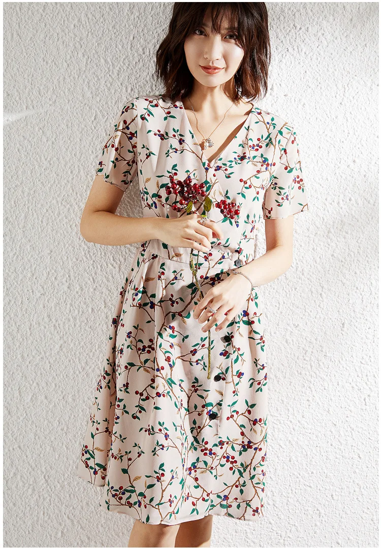 

Apricot Cherry Print Silk Midi Summer Warp Dresses V Neck Short Sleeve Tunic vestidos Sweet Cute High Quality Ladies za sukienka