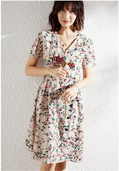 

Apricot Cherry Print Silk Midi Summer Warp Dresses V Neck Short Sleeve Tunic vestidos Sweet Cute High Quality Ladies za sukienka